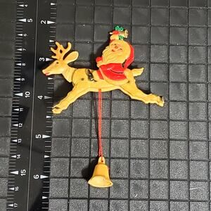 Celluloid Articulated Santa & Reindeer Christmas Bell Pin Brooch Vtg Hong Kong